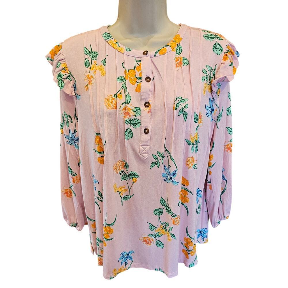 Crown & Ivy Top L cottagecore Pink Floral Ruffle Long Sleeve whimsical coquette